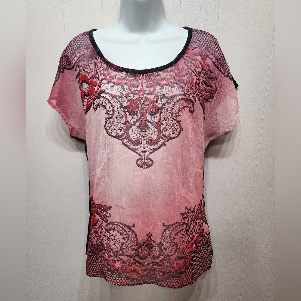 Cato Blouse Medium Sheer Red‎ Black Summer Casual Embellished Burn Out B648